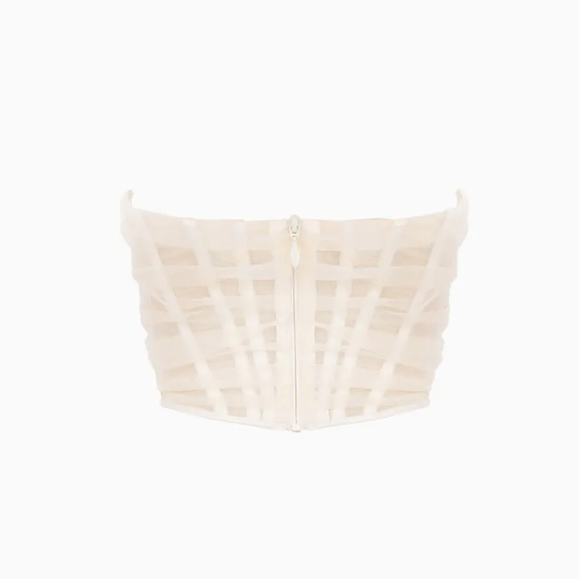 Sheer Style Asymmetrical Ruched Strapless Mesh Corset Top - Ivory