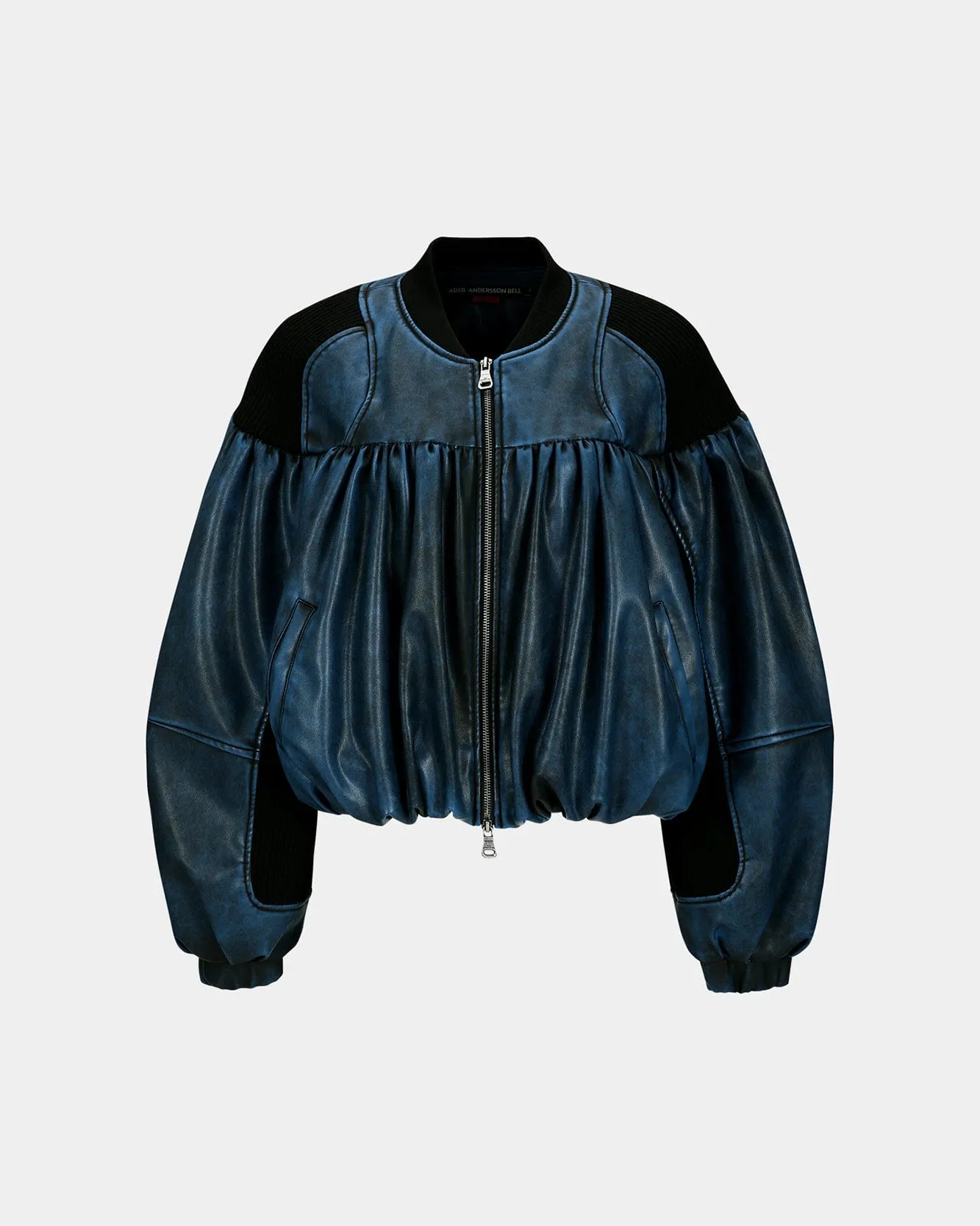 SHIRRING FAUX LEATHER BOMBER JACKET awa664w(BLUE)