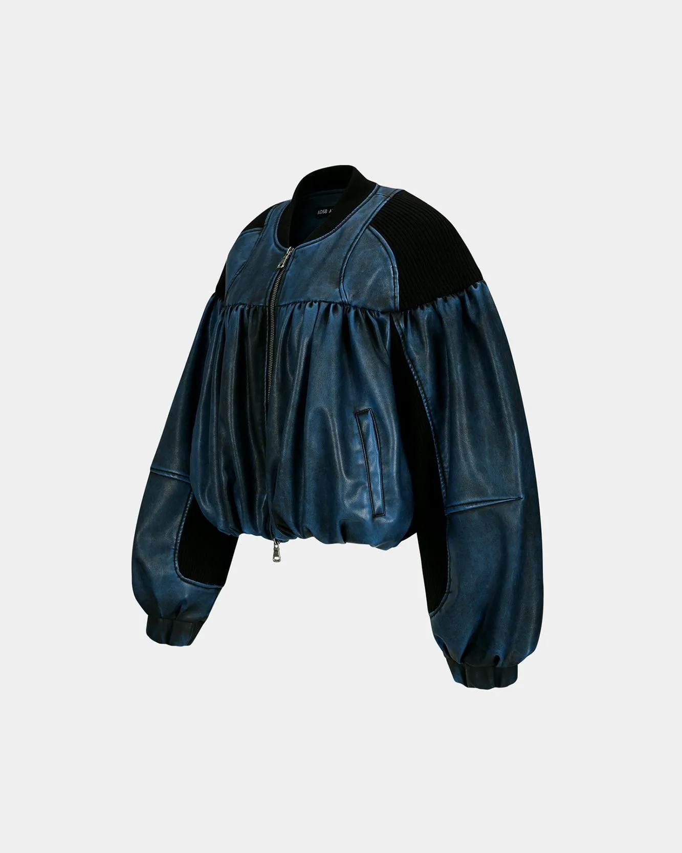 SHIRRING FAUX LEATHER BOMBER JACKET awa664w(BLUE)