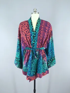 Silk Kimono Cardigan / Vintage Indian Sari / Coral Pink & Turquoise Floral