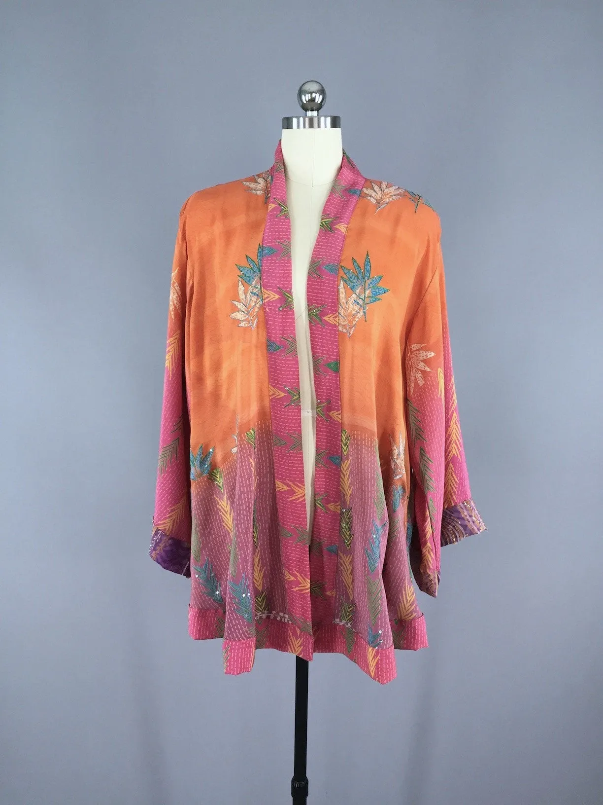 Silk Kimono Cardigan / Vintage Indian Sari / Orange & Pink Floral