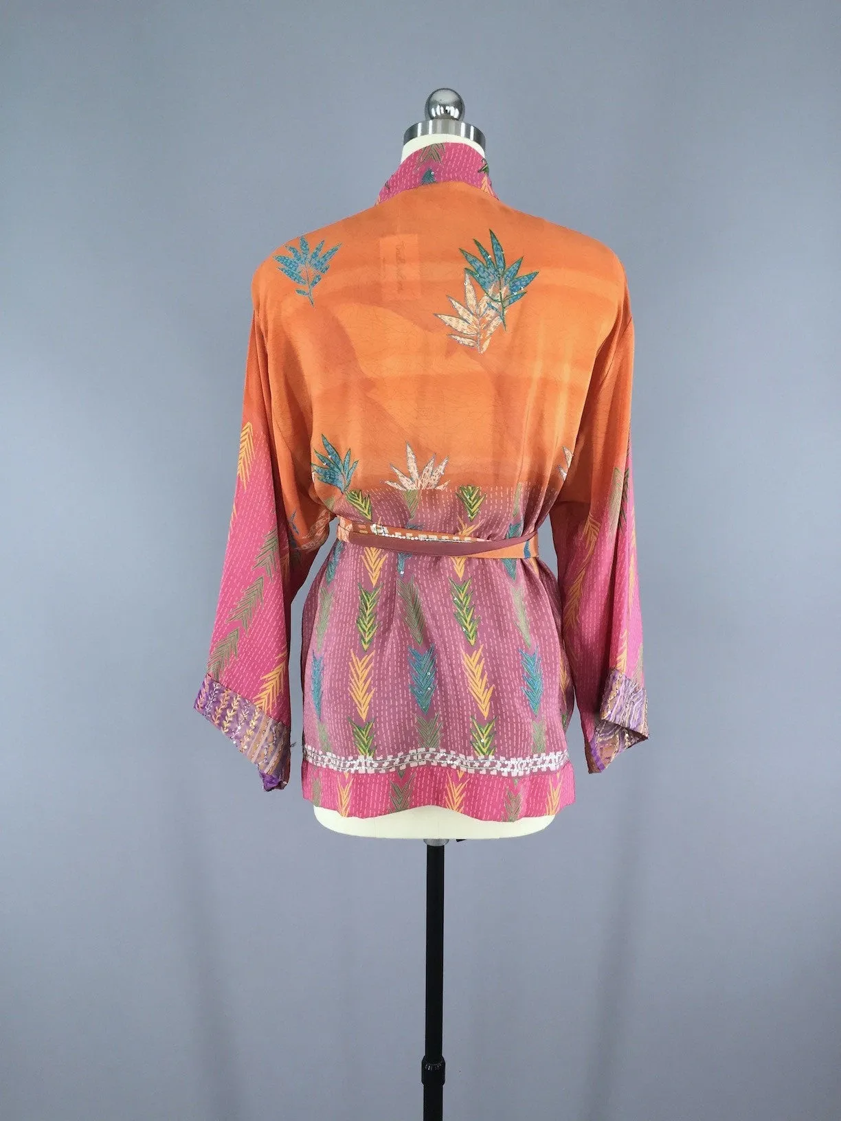 Silk Kimono Cardigan / Vintage Indian Sari / Orange & Pink Floral