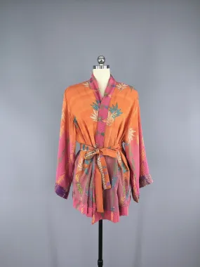 Silk Kimono Cardigan / Vintage Indian Sari / Orange & Pink Floral