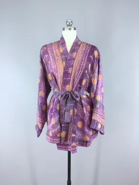 Silk Kimono Cardigan / Vintage Indian Sari / Purple & Orange Floral