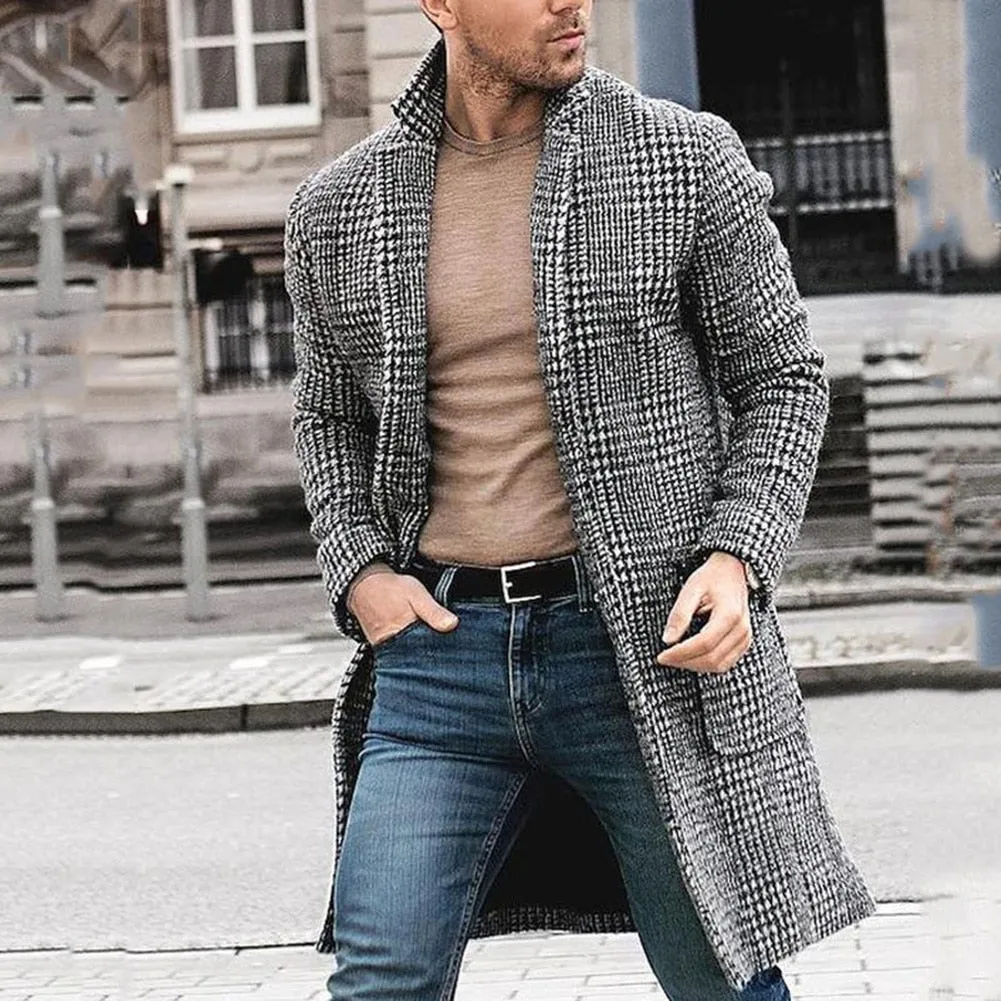 Single-Breasted Plaid Pattern Polyester Coat