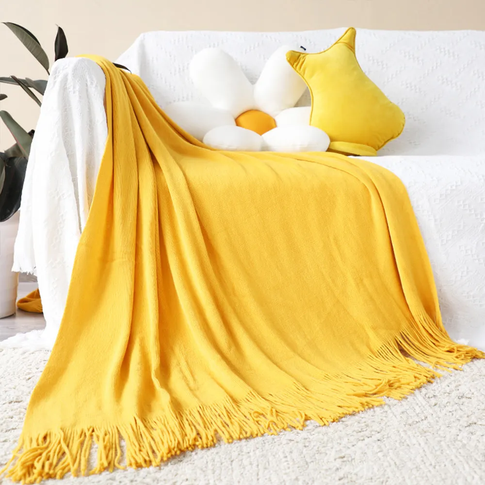 SOGA Yellow Acrylic Knitted Throw Blanket Solid Fringed Warm Cozy Woven Cover Couch Bed Sofa Home Decor