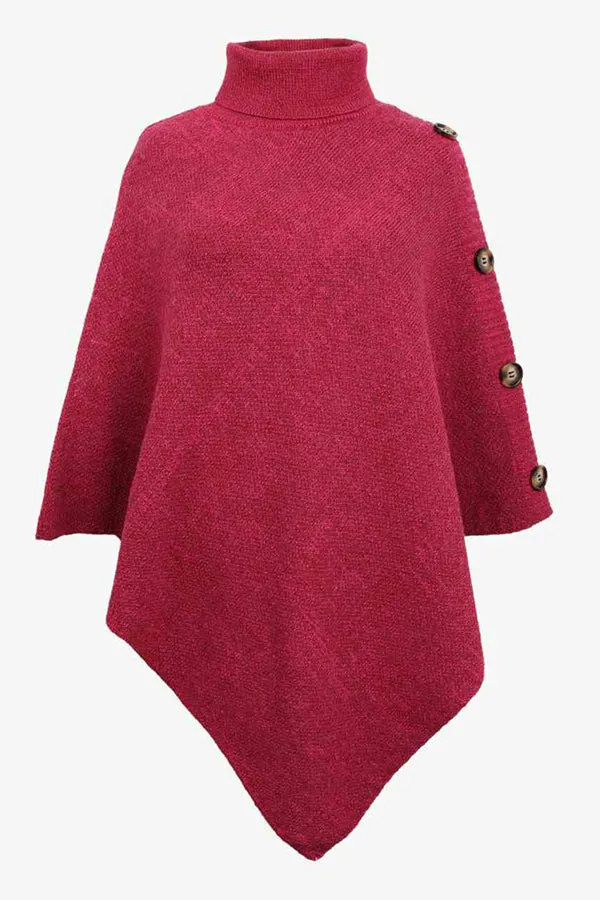 Solid Color Turtleneck Button-embellished Knitted Shawl Cape