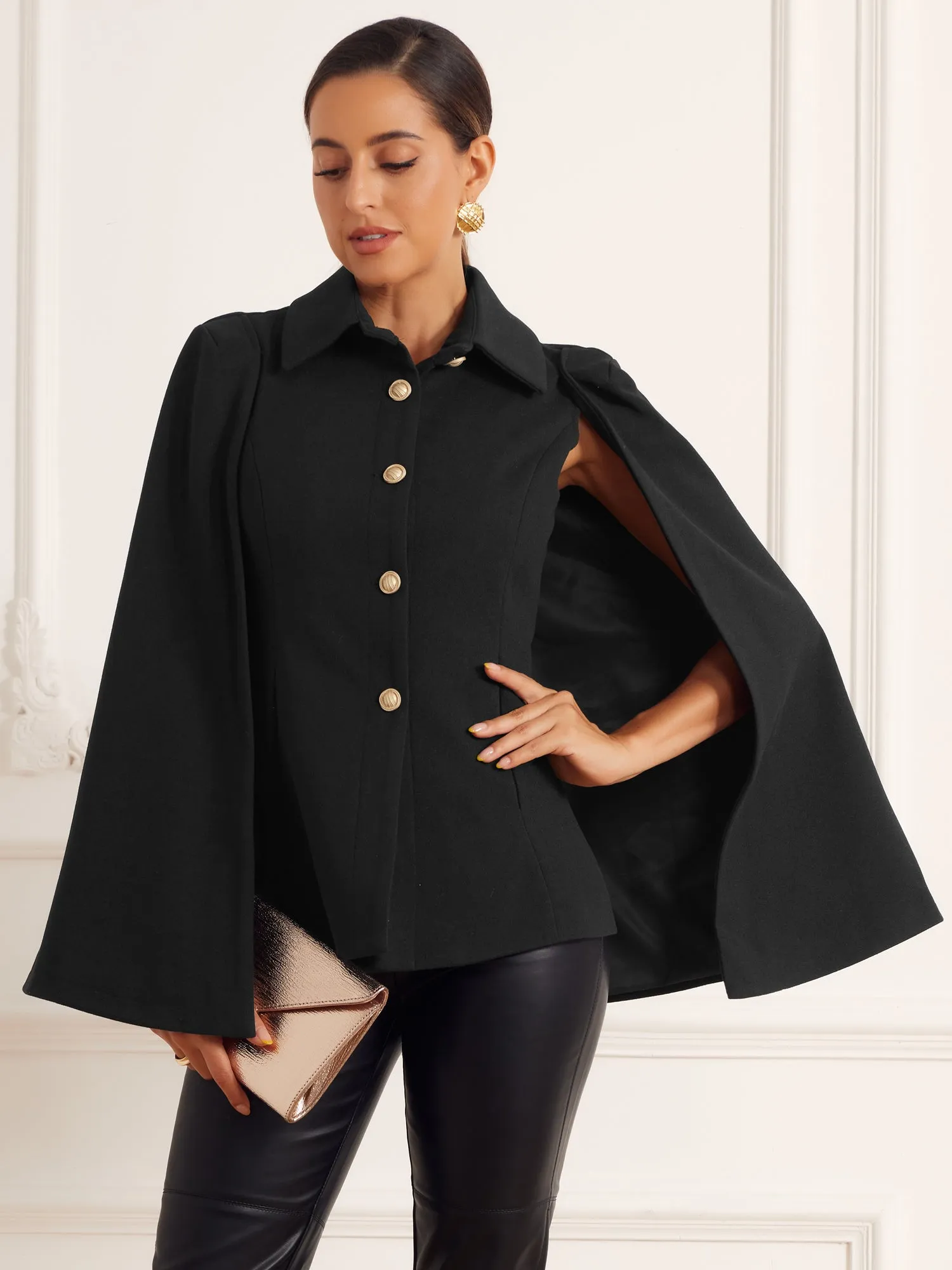 Split Sleeve Button Front Cape Coat Shawl Jackets