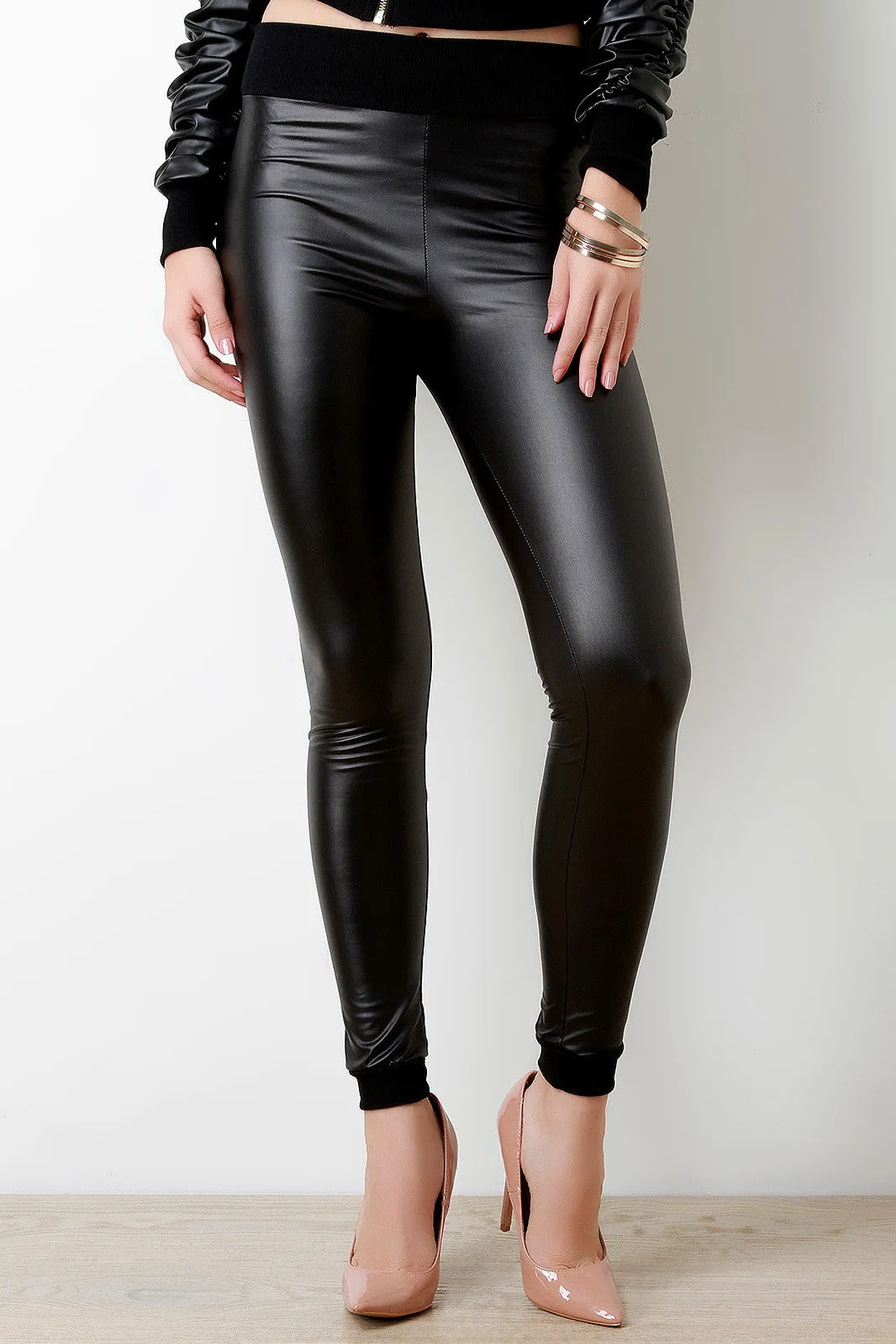 Stretch Vegan Leather Rib Knit Trim Pants