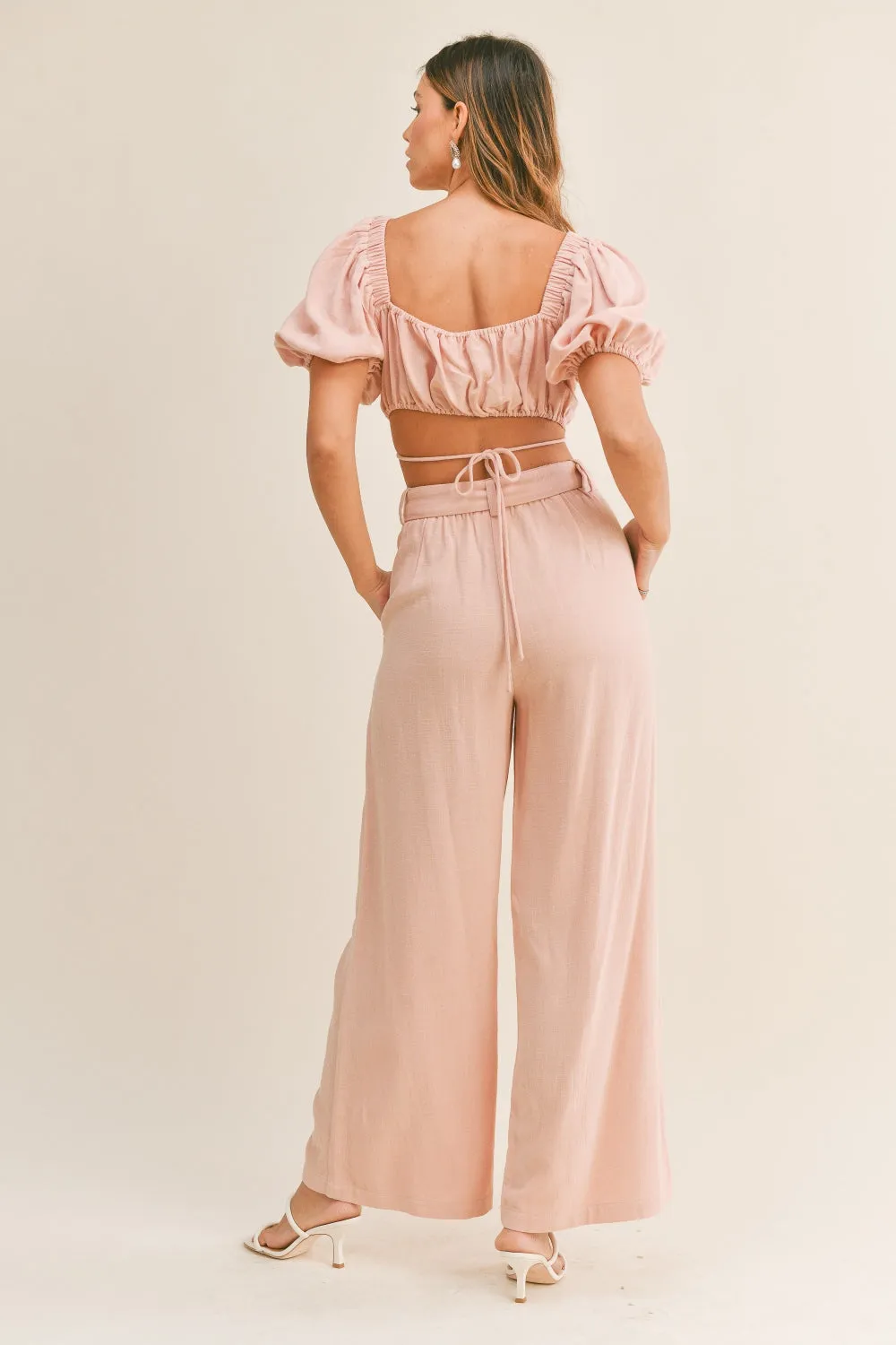 TEEK - Dusty Pink Cut Out Drawstring Crop Top Belted Pants Set