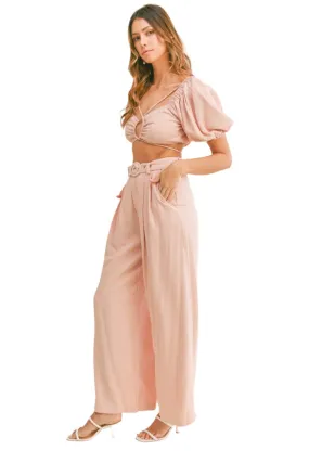 TEEK - Dusty Pink Cut Out Drawstring Crop Top Belted Pants Set