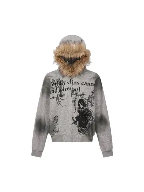 Thesupermade Wasteland Style Cardigan Zip UP Fur Hooded Jacket