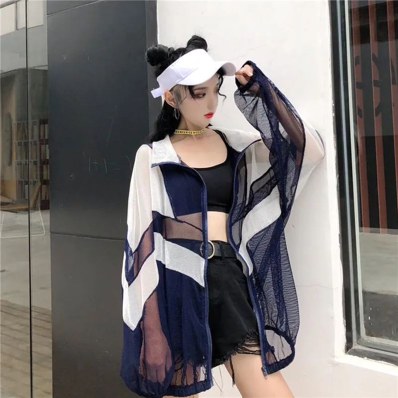 Transparent Mesh Patchwork Oversized Bomber Jacket