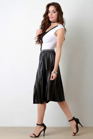 Vegan Leather Accordion Pleating Shimmer Stripes Skirt