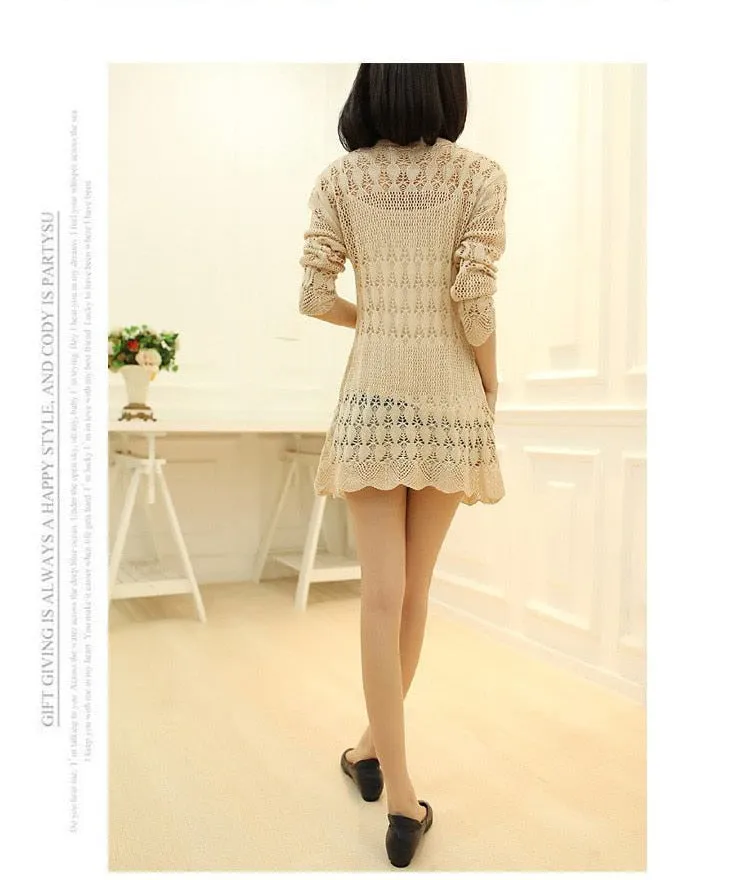 VenusFox Thin knit cardigan sweater spring jacket in the long section of a hollow loose shawl