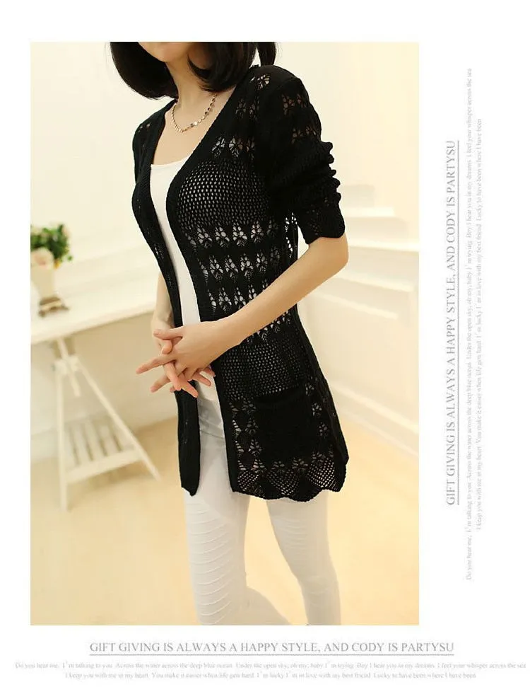 VenusFox Thin knit cardigan sweater spring jacket in the long section of a hollow loose shawl