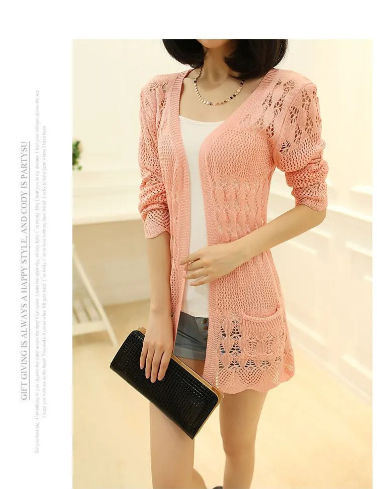 VenusFox Thin knit cardigan sweater spring jacket in the long section of a hollow loose shawl