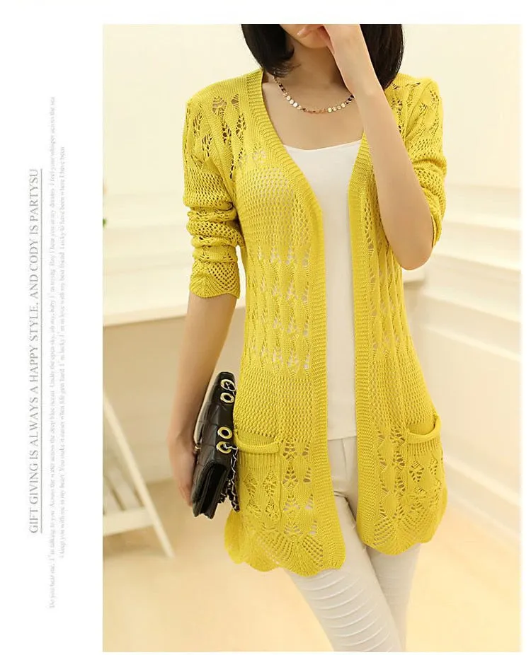 VenusFox Thin knit cardigan sweater spring jacket in the long section of a hollow loose shawl