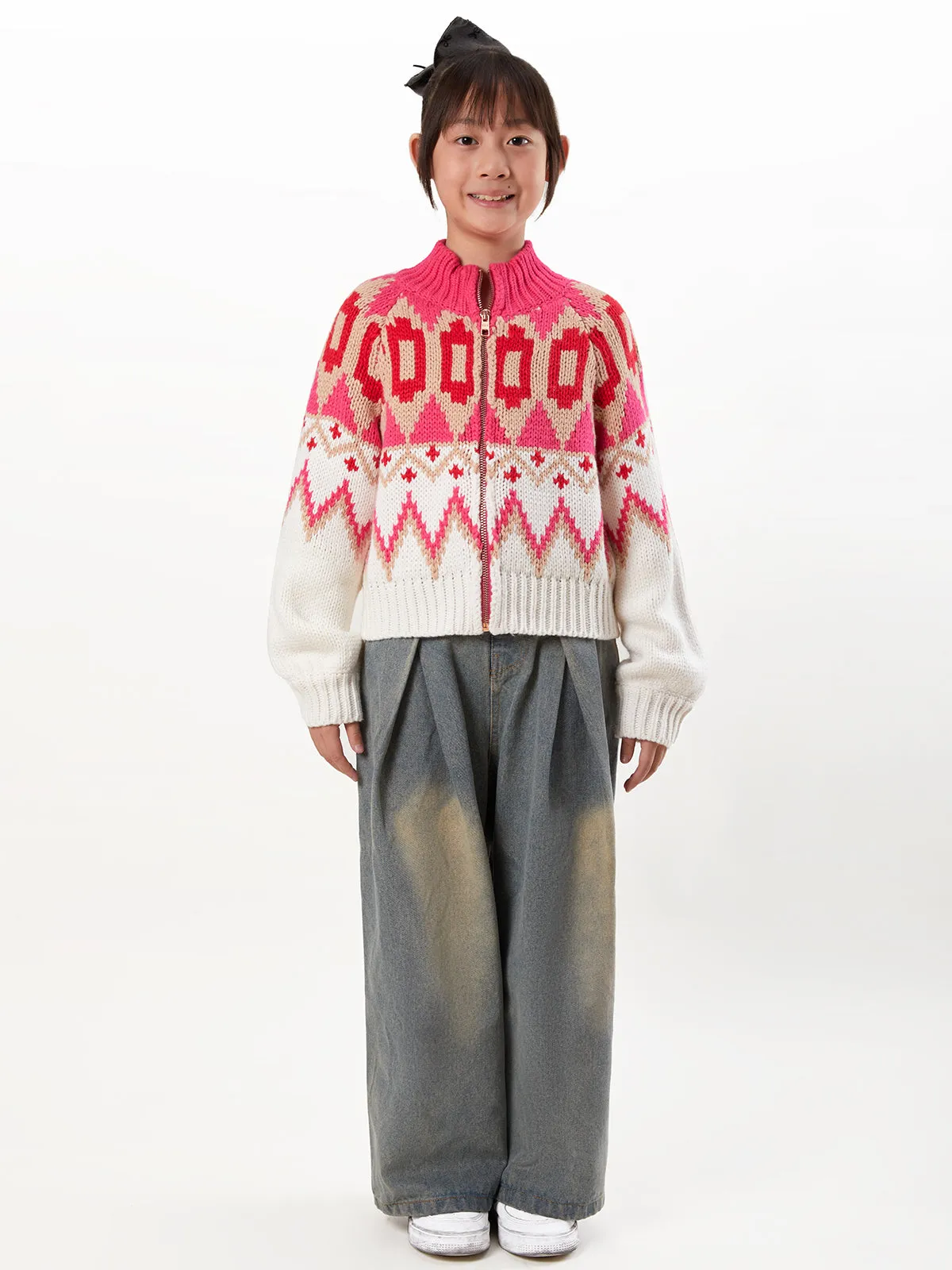 Vicky: Girls Fair Isle Sweater Bomber Jacket