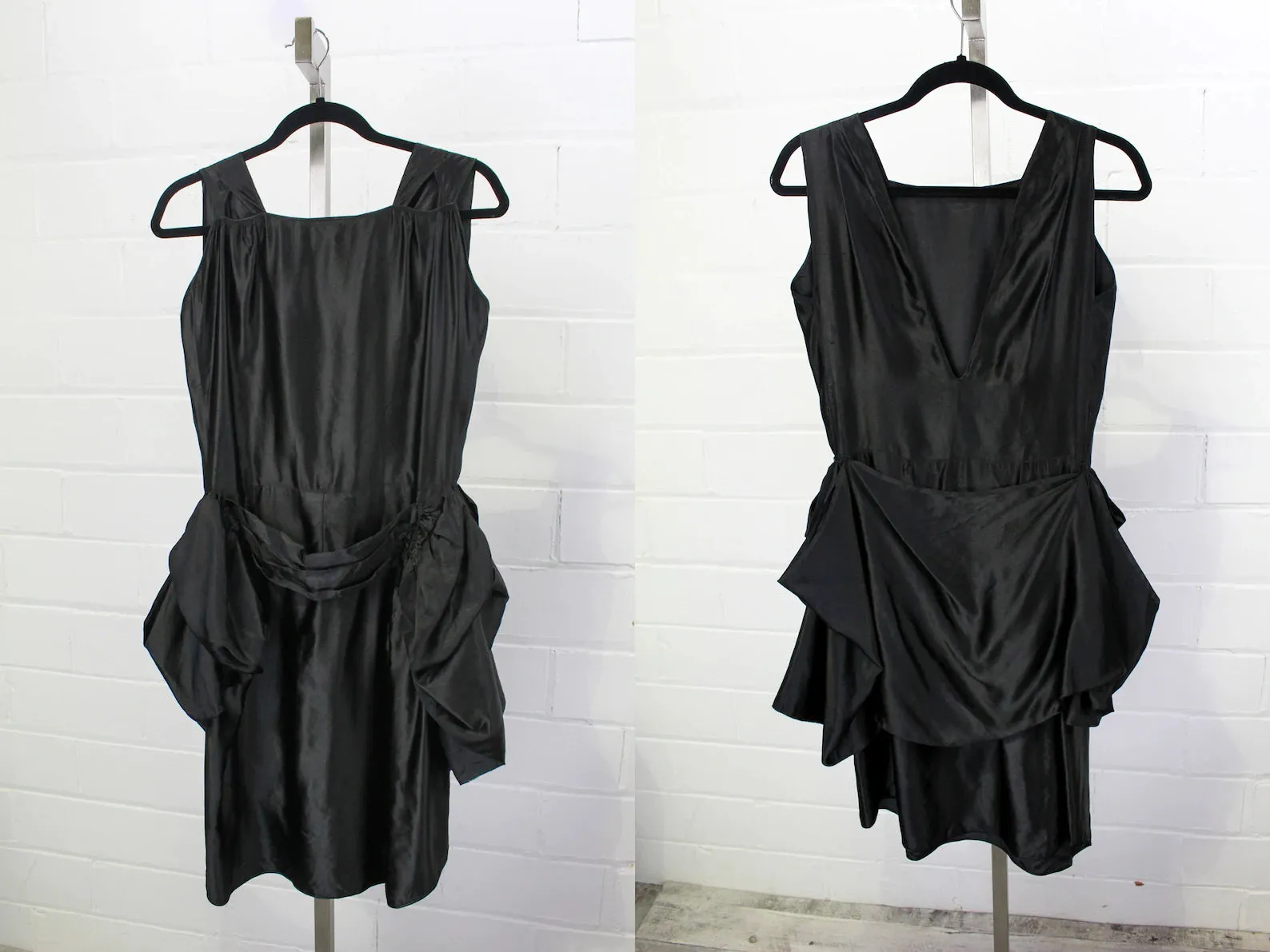 Vintage 1920s Black Silk Balloon Peplum Dress, XS