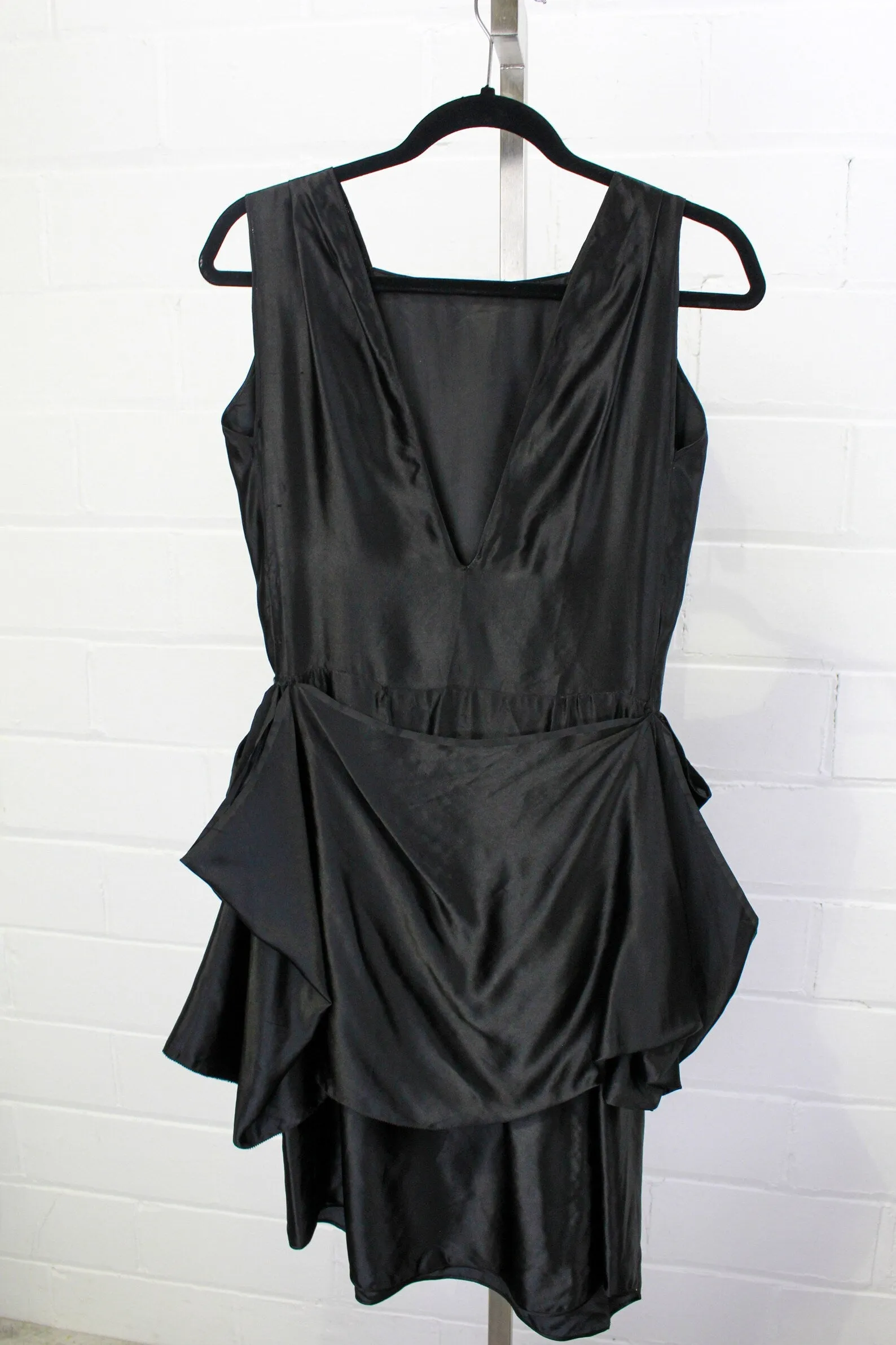 Vintage 1920s Black Silk Balloon Peplum Dress, XS