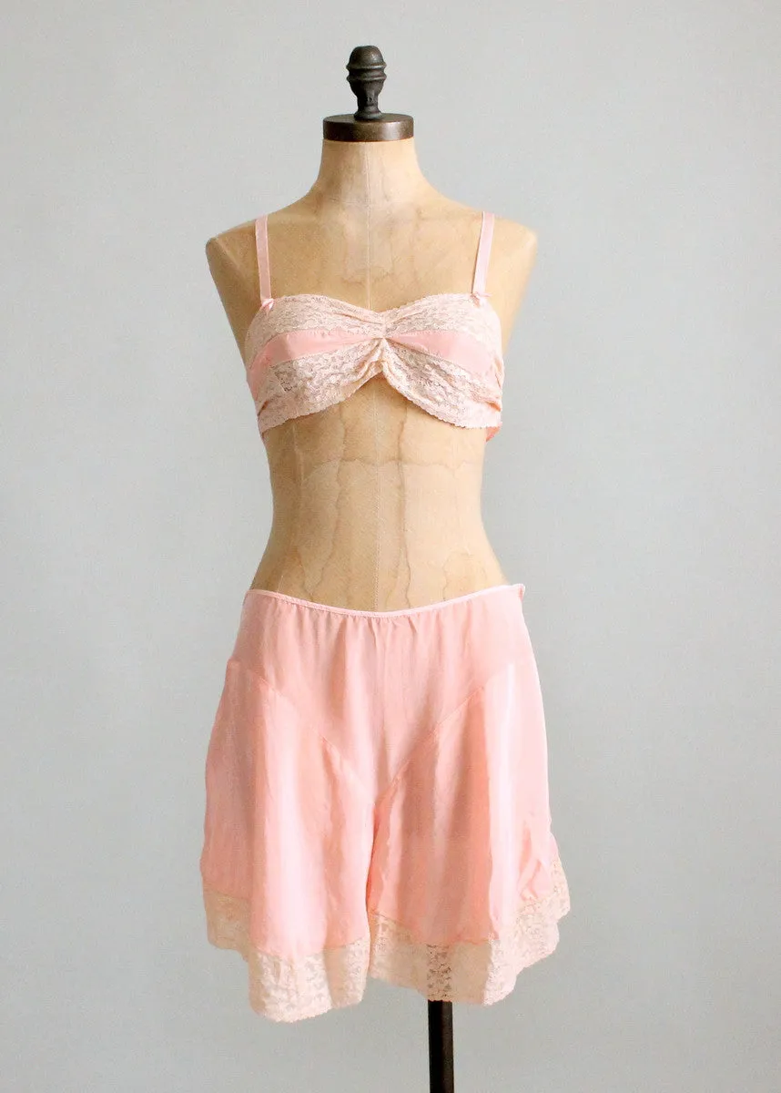 Vintage 1930s Pink Rayon and Lace Bra and Tap Pants Set