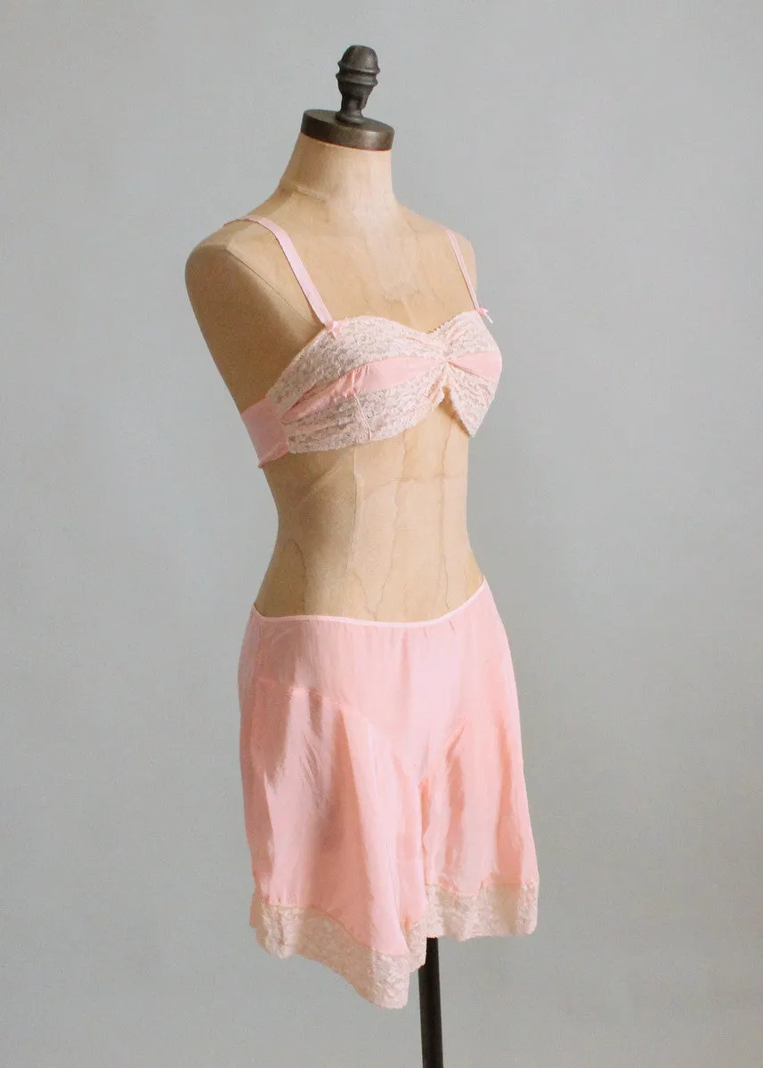 Vintage 1930s Pink Rayon and Lace Bra and Tap Pants Set