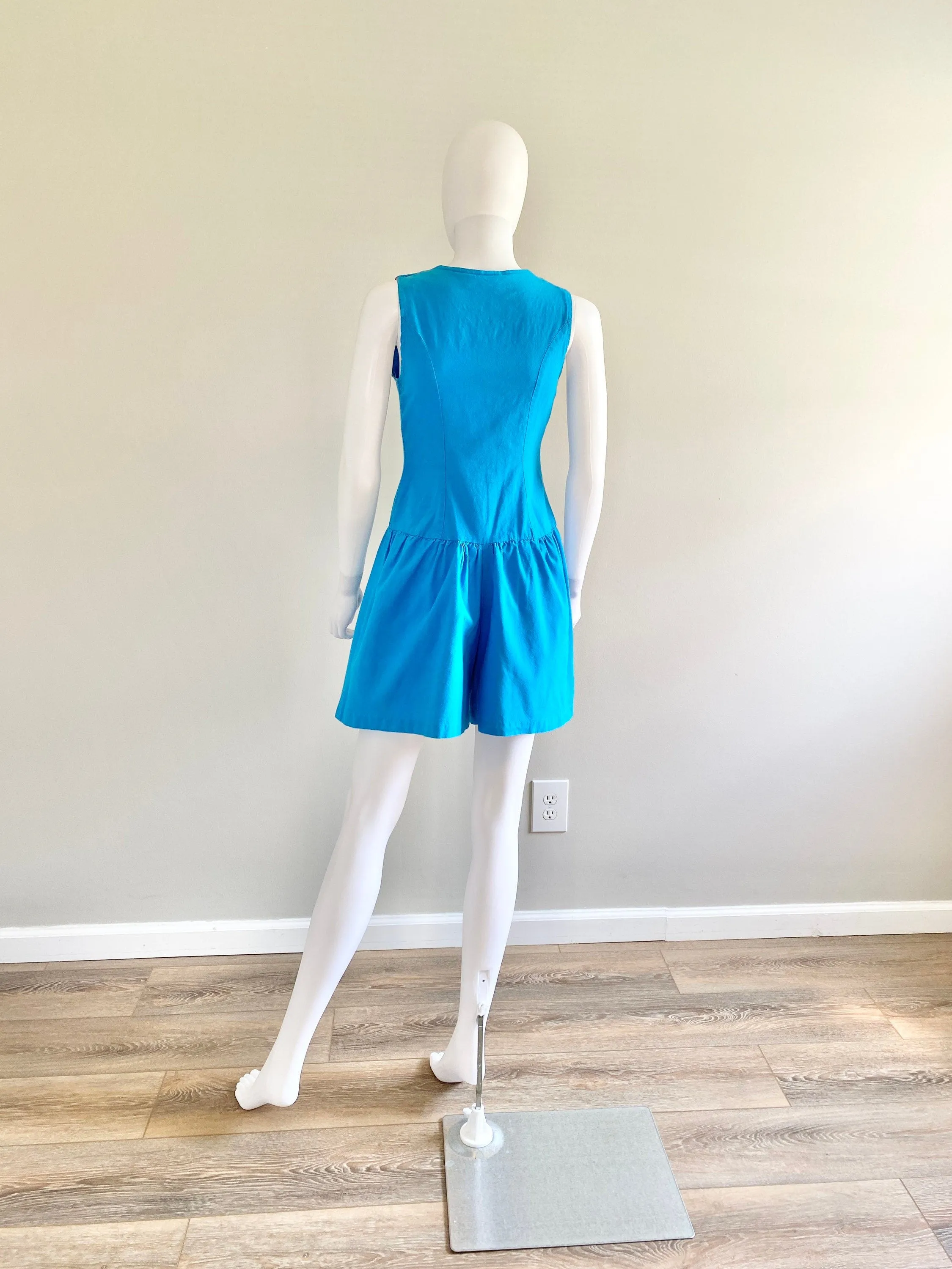 Vintage 1980s Blue Nautical Romper / 80s Sleeveless Cotton Romper / Size S