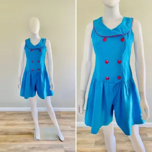 Vintage 1980s Blue Nautical Romper / 80s Sleeveless Cotton Romper / Size S