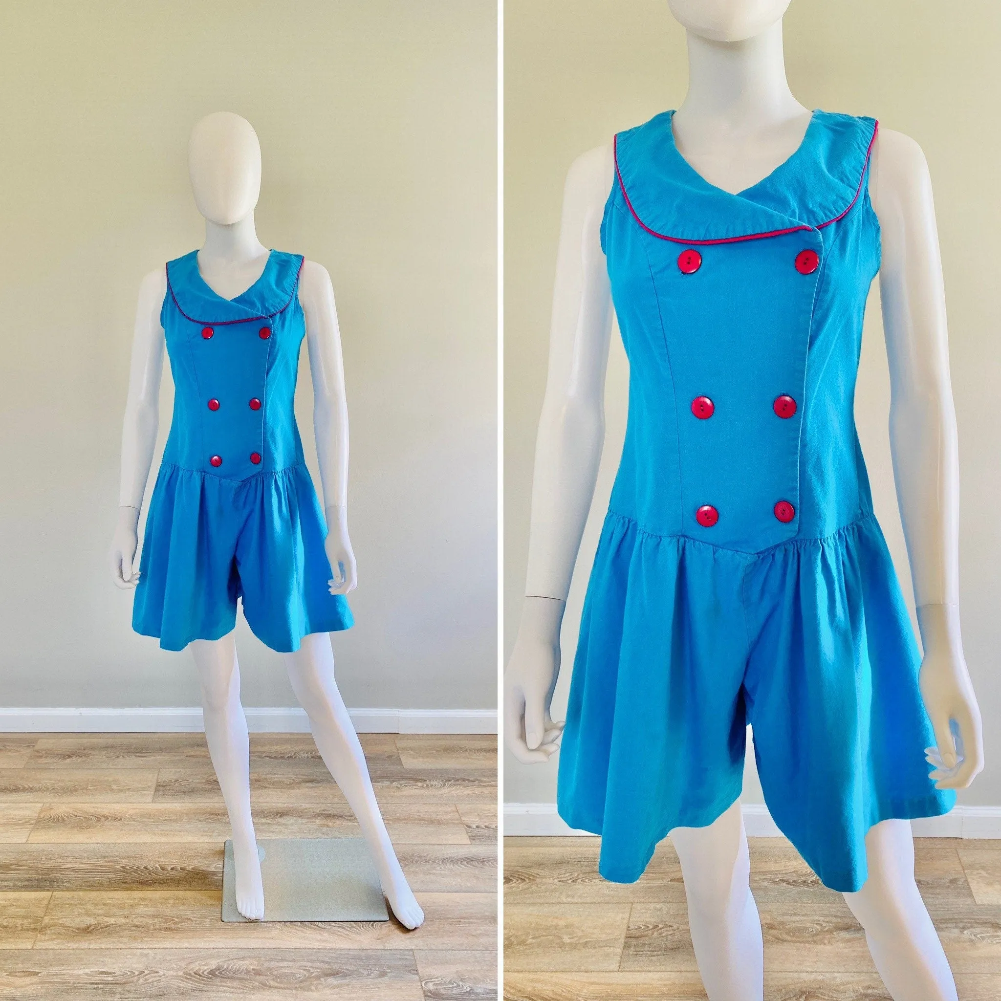 Vintage 1980s Blue Nautical Romper / 80s Sleeveless Cotton Romper / Size S