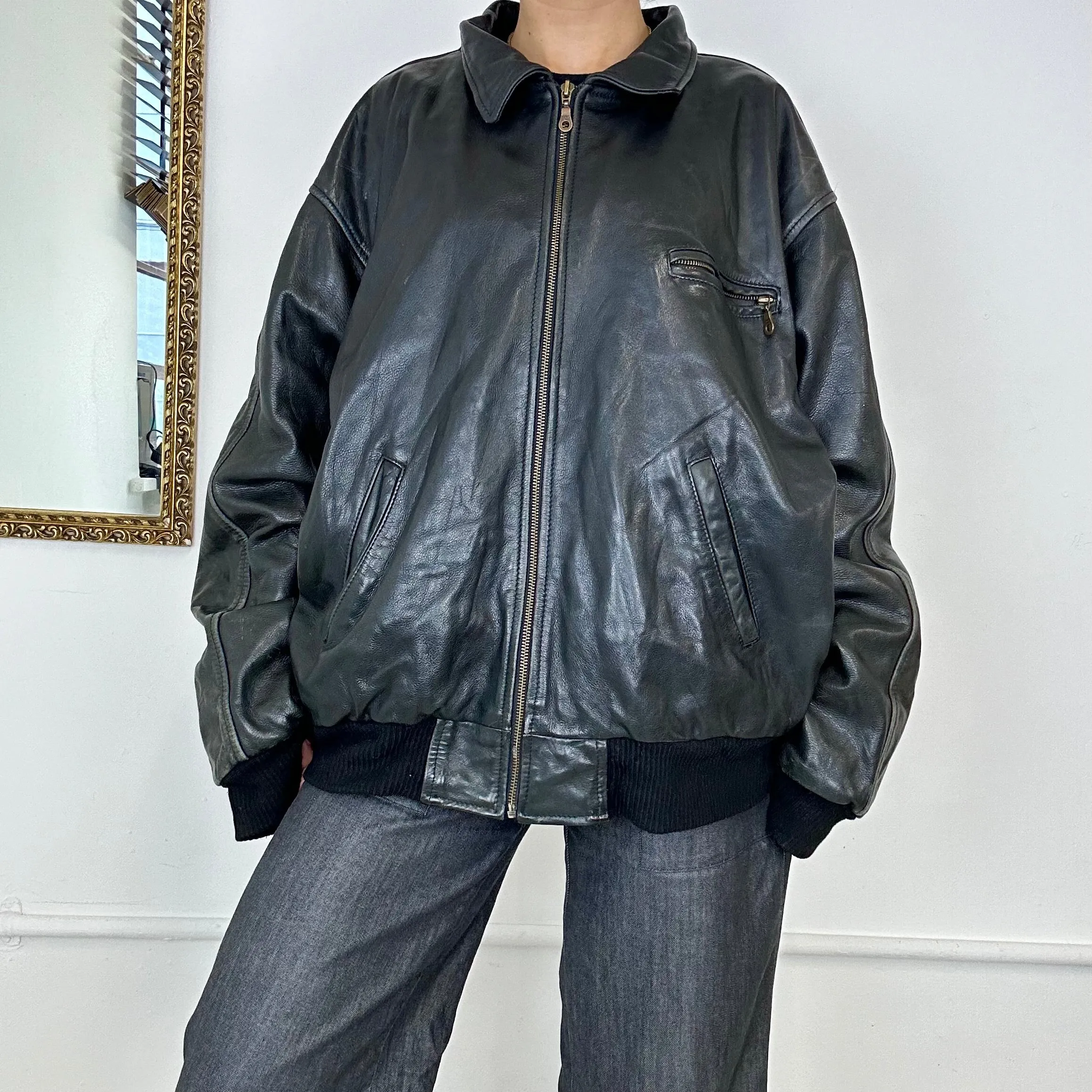 vintage oversized leather bomber jacket