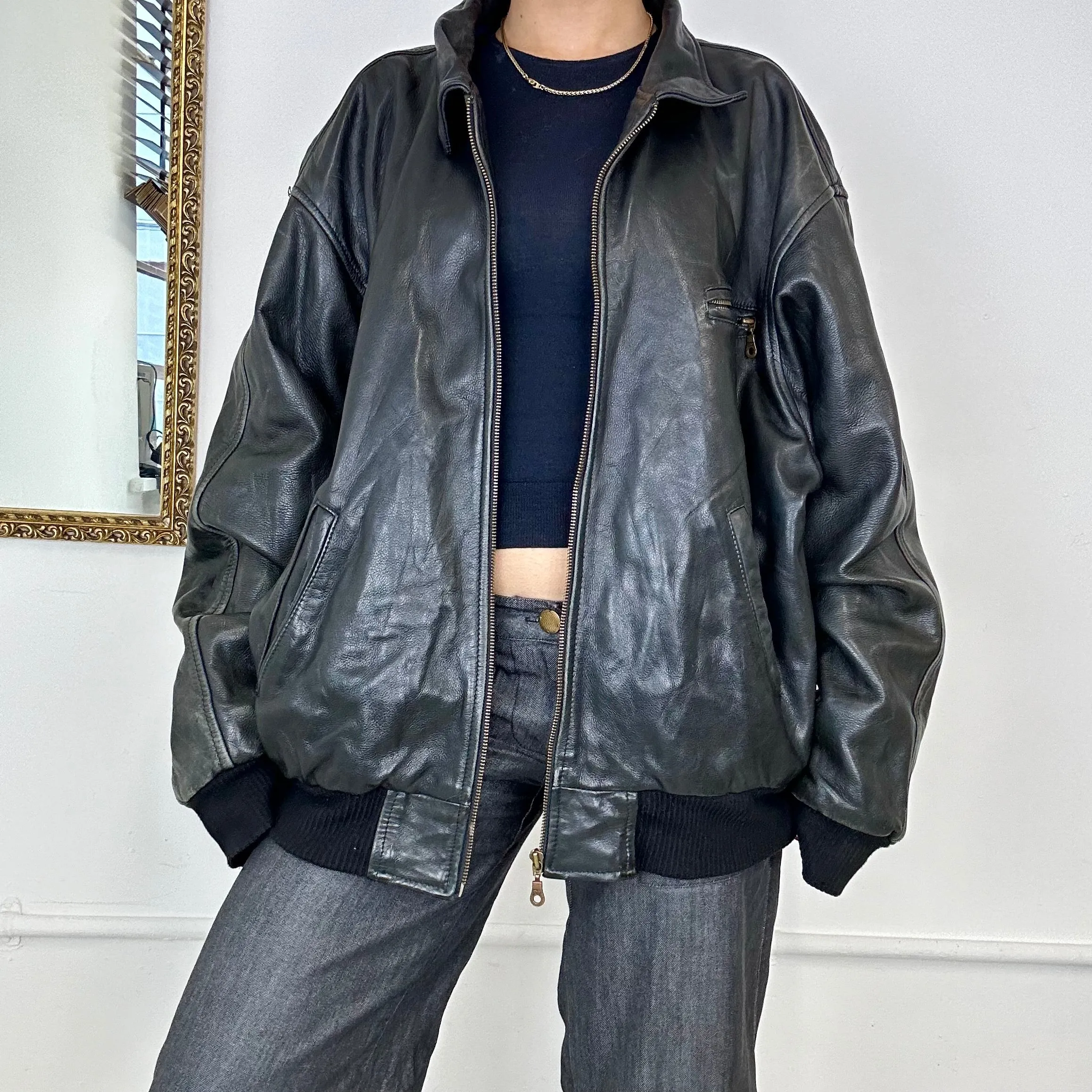 vintage oversized leather bomber jacket