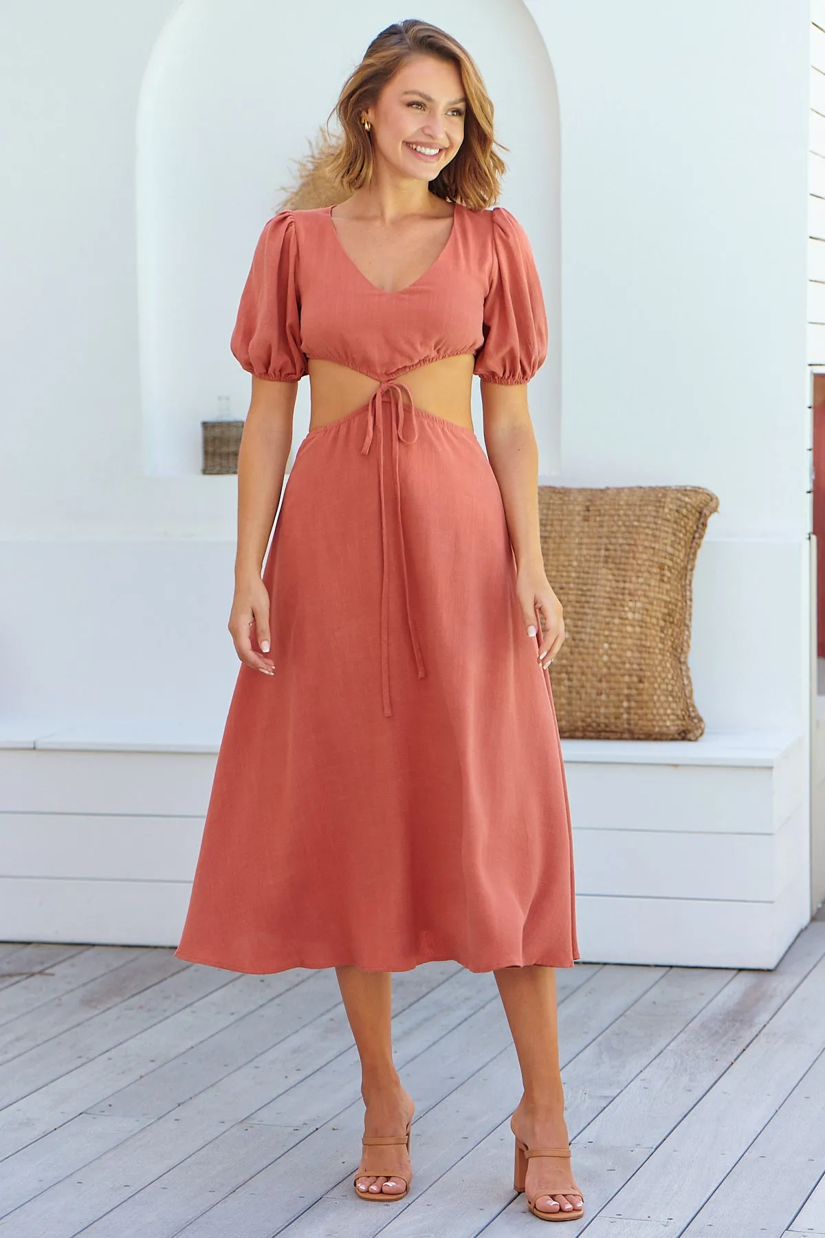 Vivienne Linen Rust Cutout Puff Sleeve Dress