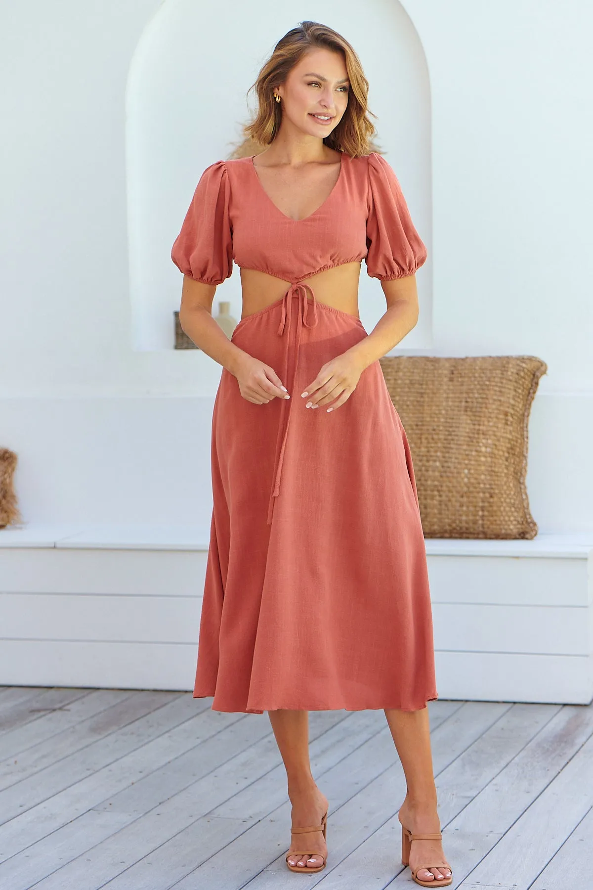 Vivienne Linen Rust Cutout Puff Sleeve Dress