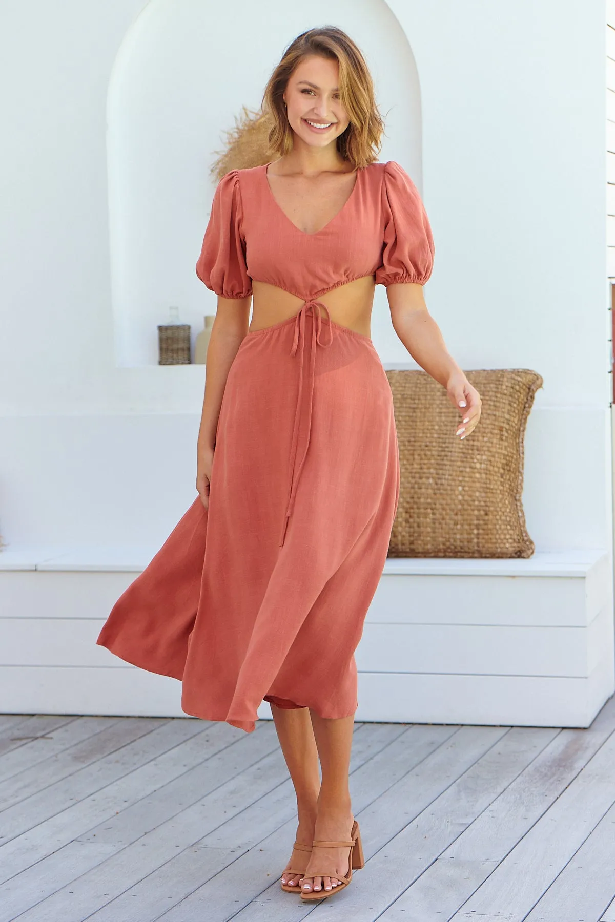 Vivienne Linen Rust Cutout Puff Sleeve Dress