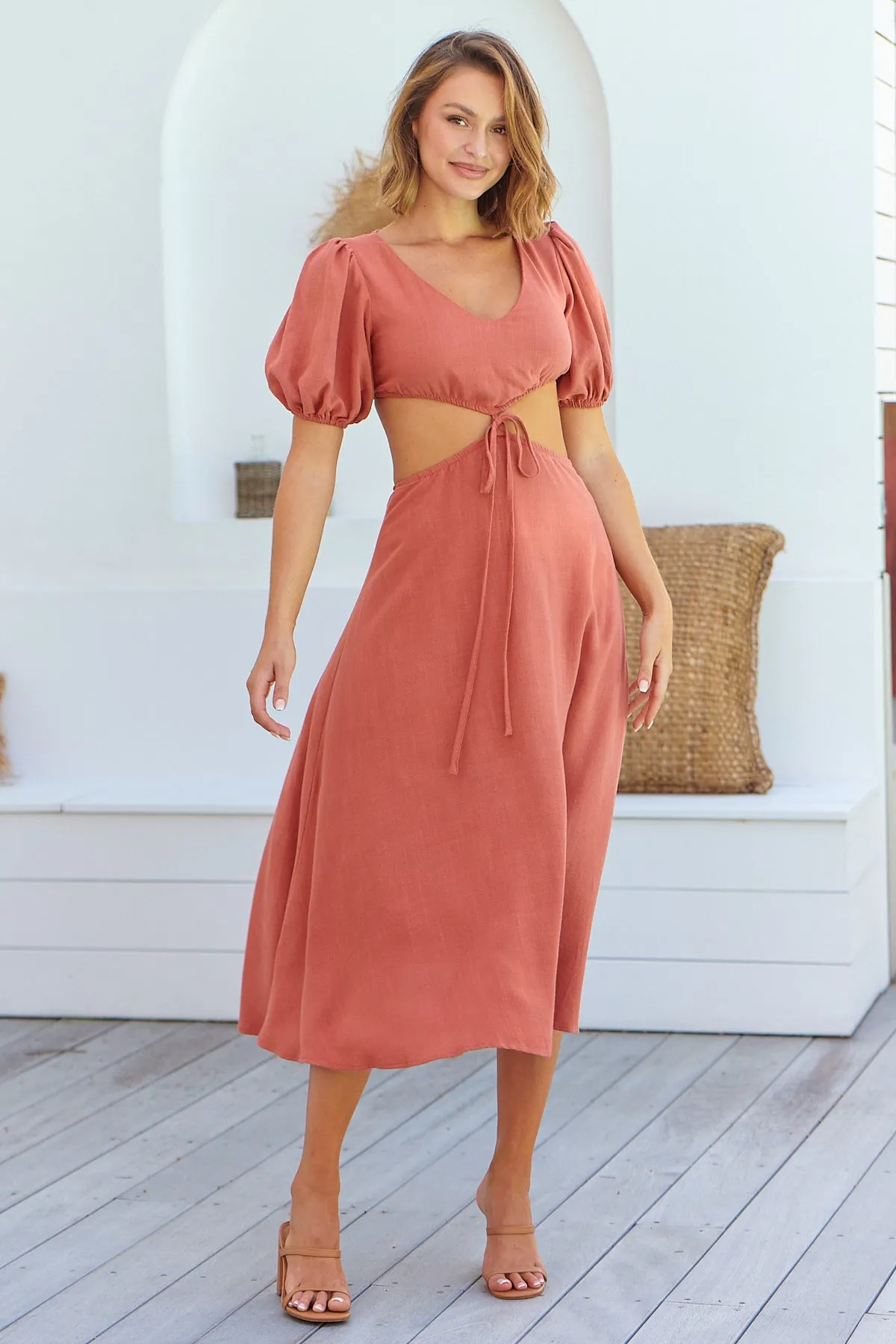 Vivienne Linen Rust Cutout Puff Sleeve Dress