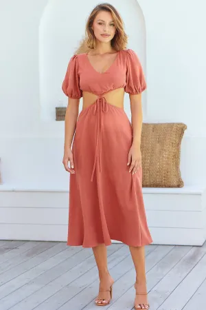 Vivienne Linen Rust Cutout Puff Sleeve Dress