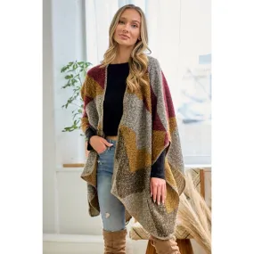 Wine Multi Color Knit Shawl Open Wrap Geo Block Cardigan Sweater One Size