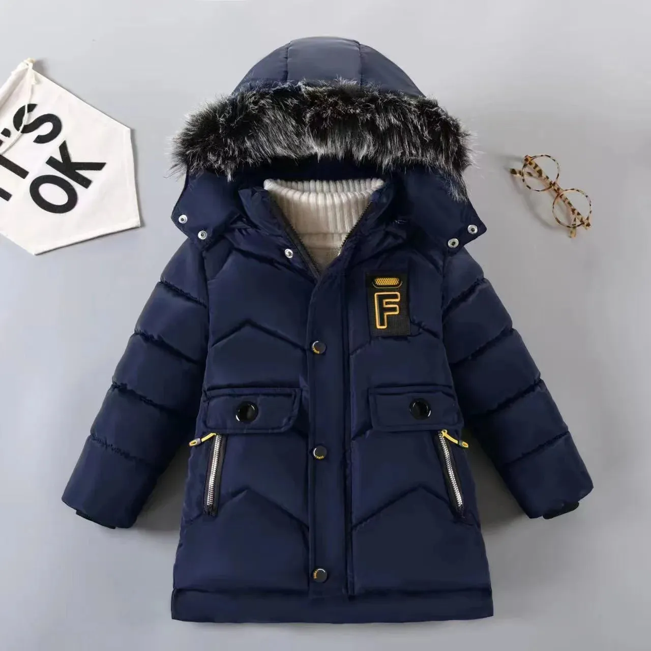 Winter Boys Solid Color Hooded Down Coat