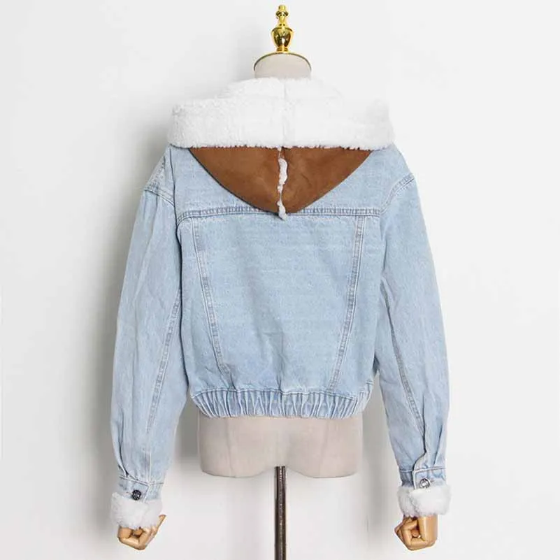 Winter Jean Coat for Women Oversized Lamb Wool Hoodie Coats Patchwork Denim Jackets