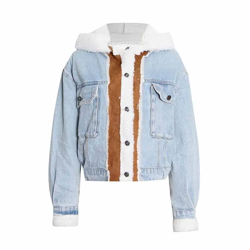 Winter Jean Coat for Women Oversized Lamb Wool Hoodie Coats Patchwork Denim Jackets