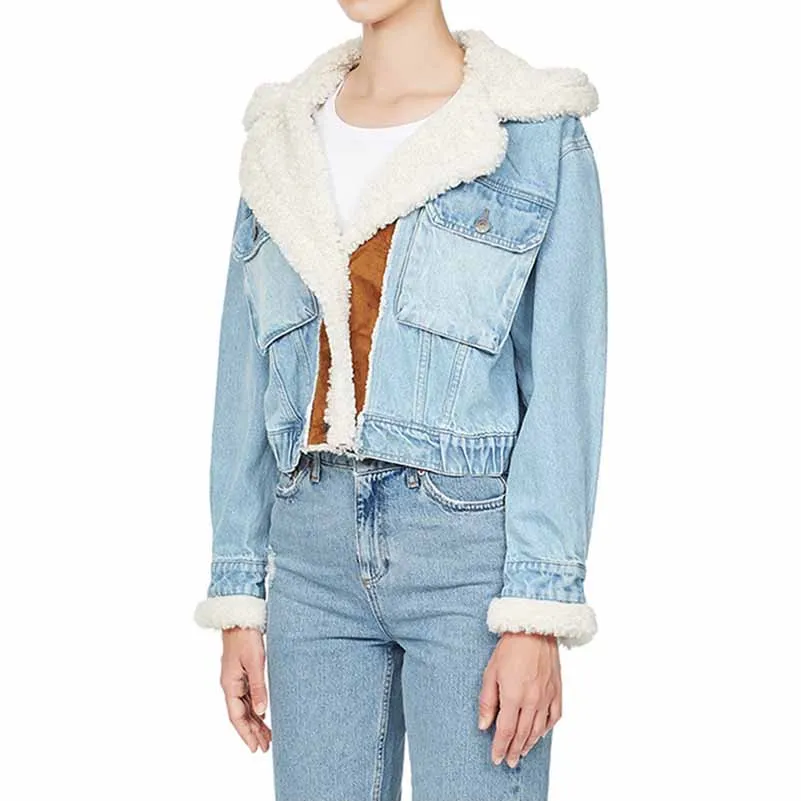 Winter Jean Coat for Women Oversized Lamb Wool Hoodie Coats Patchwork Denim Jackets