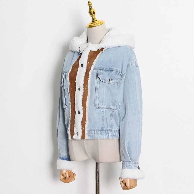 Winter Jean Coat for Women Oversized Lamb Wool Hoodie Coats Patchwork Denim Jackets