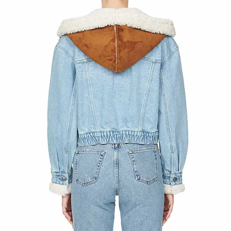 Winter Jean Coat for Women Oversized Lamb Wool Hoodie Coats Patchwork Denim Jackets