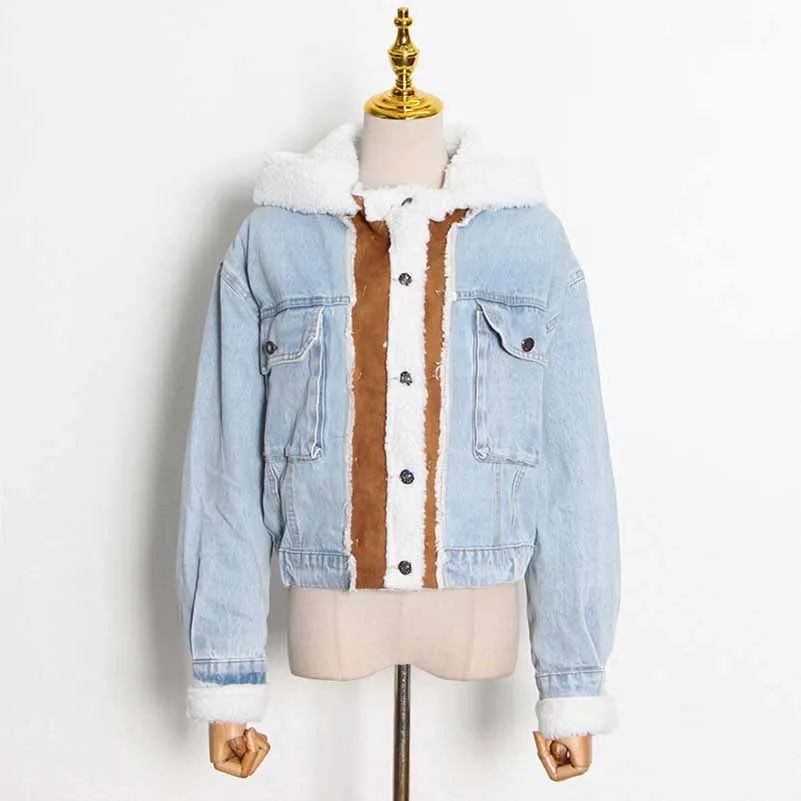 Winter Jean Coat for Women Oversized Lamb Wool Hoodie Coats Patchwork Denim Jackets