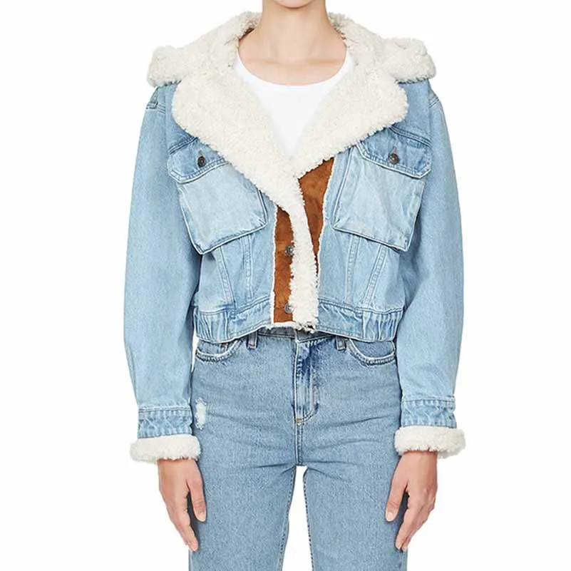 Winter Jean Coat for Women Oversized Lamb Wool Hoodie Coats Patchwork Denim Jackets