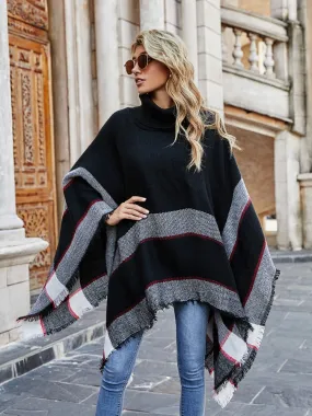 Wjczt Autumn Winter New Turtle Neck Plaid Fringed Shawl Cloak Fashion Casual Coat Cloak Pullover Women Sweater Long Sleeve Top