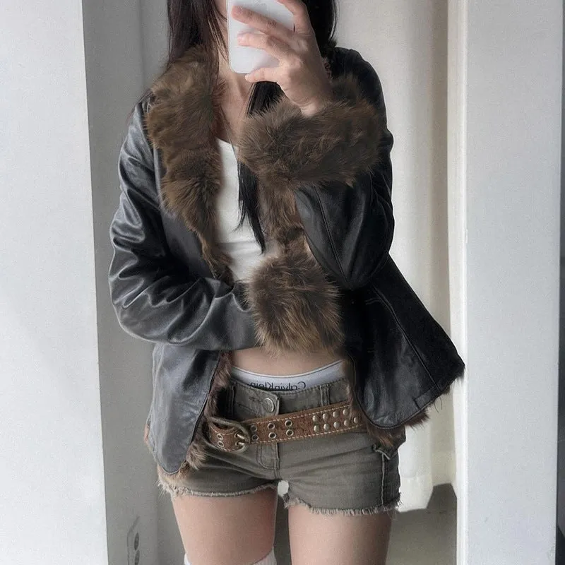 Wjczt cold weather outfits 2024 Autumn and Winter Maillard Fur Collar Leather Coat American Street Hot Girl Style Loose Cardigan Top