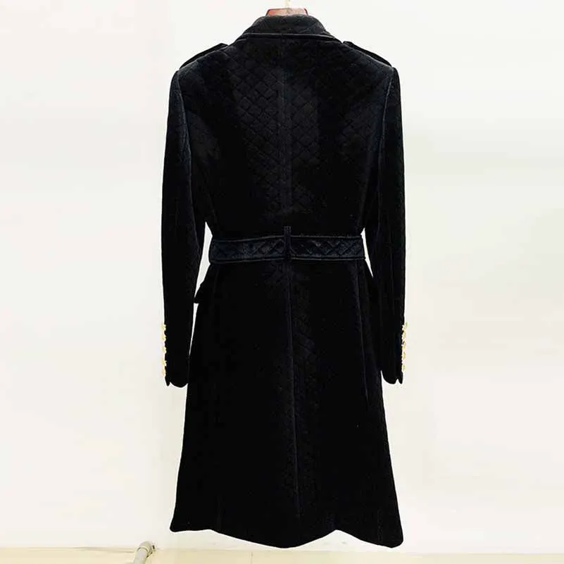 Women black double breasted coat belted velvet long length coat