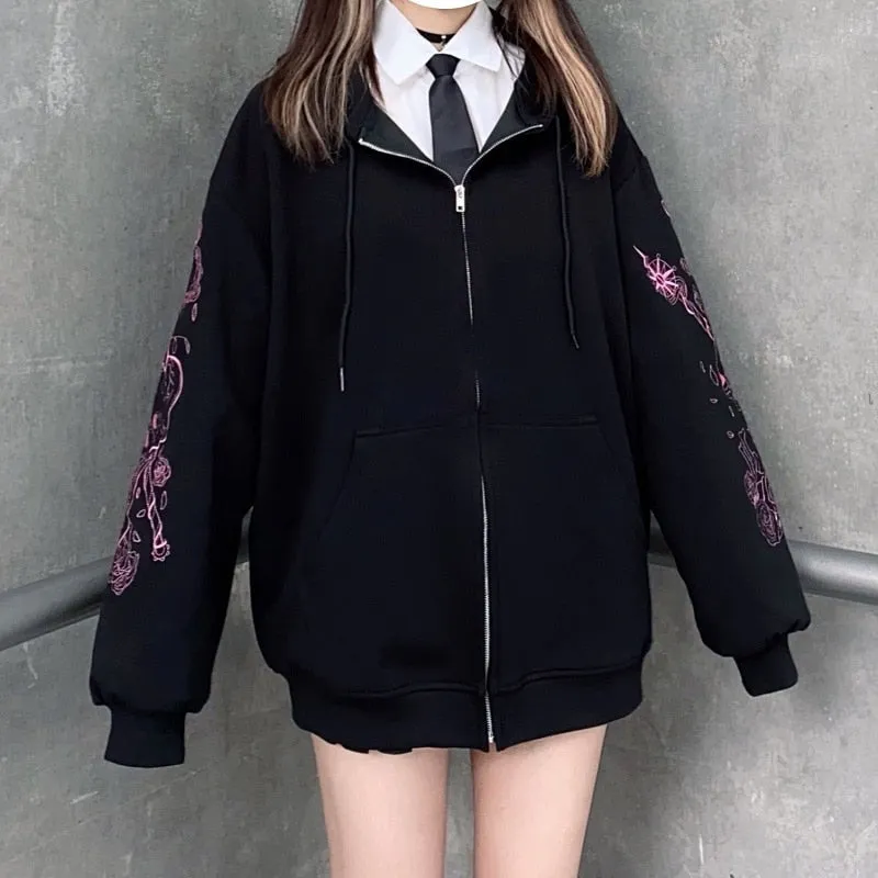 Women cardigan hooded Punk Pattern Printed Zipper Ribbon hoodie Retro black oversized jacket streetwear retro couple jacket top